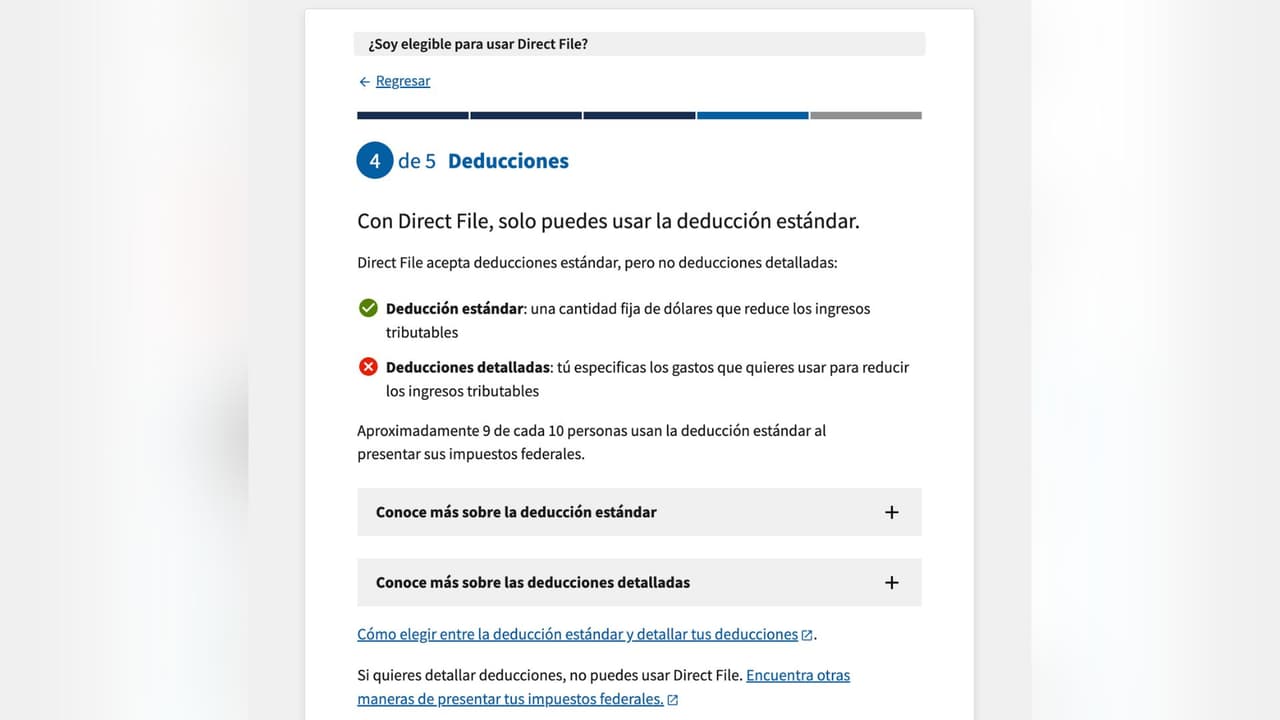 Avanzando con el proceso de elegibilidad, puedes revisar las deducciones que aplican. El IRS especifica que la gran mayoría de personas usan la deducción estándar cuando presentan sus impuestos.