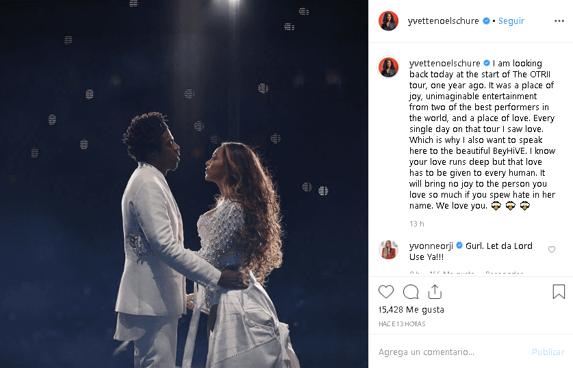 Quien sí habló fue la publicista de Beyoncé, 
<b><a href="https://www.instagram.com/p/ByZJa6SAwm6/" target="_blank">Yvette Noel-Achure</a></b>, quien publicó una foto en Instagram con el siguiente mensaje: "[...] Sé que tu amor es profundo, pero ese amor debe darse a todos los humanos. No traerá alegría a la persona que amas tanto si vomitas odio en su nombre [...]". Aunque el escrito no hizo alusión directa a los supuestos ataques contra Curran, algunos lo interpretaron como un llamado para deterlos.