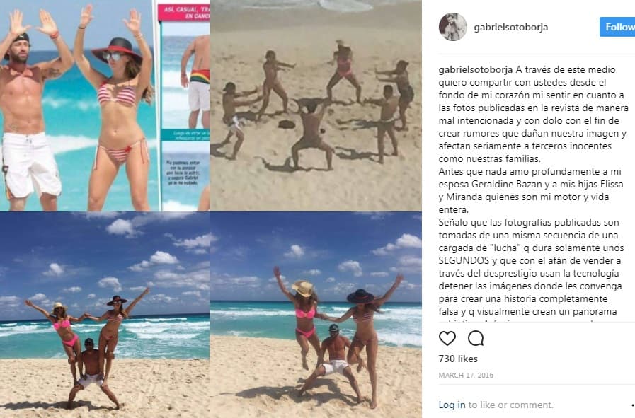 Dos días después, el 17 de marzo, Gabriel Soto se veía en la necesidad de reivindicarse en Instagram. Las fotos publicadas en la revista eran “malintencionadas” y solo tenían el afán de “crear rumores” para dañar su imagen. “Afectarían a terceros inocentes como nuestras familias”, comentó el actor.