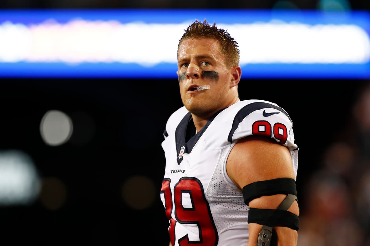 Houston Texans defensive end J.J. Watt (99) during pre game warmups before a Week 3 NFL football game against the New England Patriots on Thursday, Sept. 22, 2016 in Foxborough, Mass. The Patriots beat the Texans 27-0. (Matt Patterson via AP)