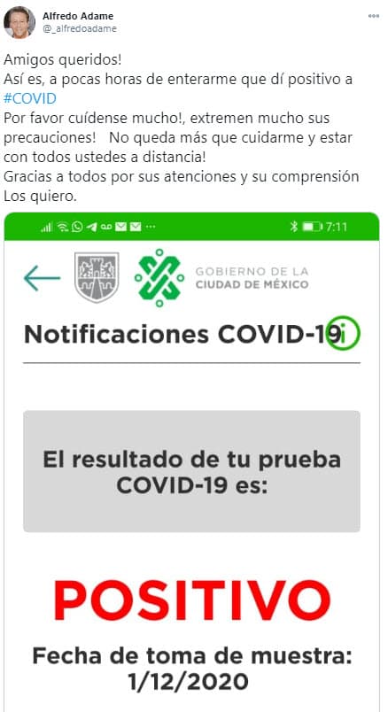 "¡Amigos queridos! Así es, a pocas horas de enterarme que di positivo a covid, por favor ¡cuídense mucho!, extremen mucho sus precauciones. No queda más que cuidarme y estar con todos ustedes a distancia. Gracias a todos por sus atenciones y su comprensión. Los quiero", se lee en el mensaje.
<br>