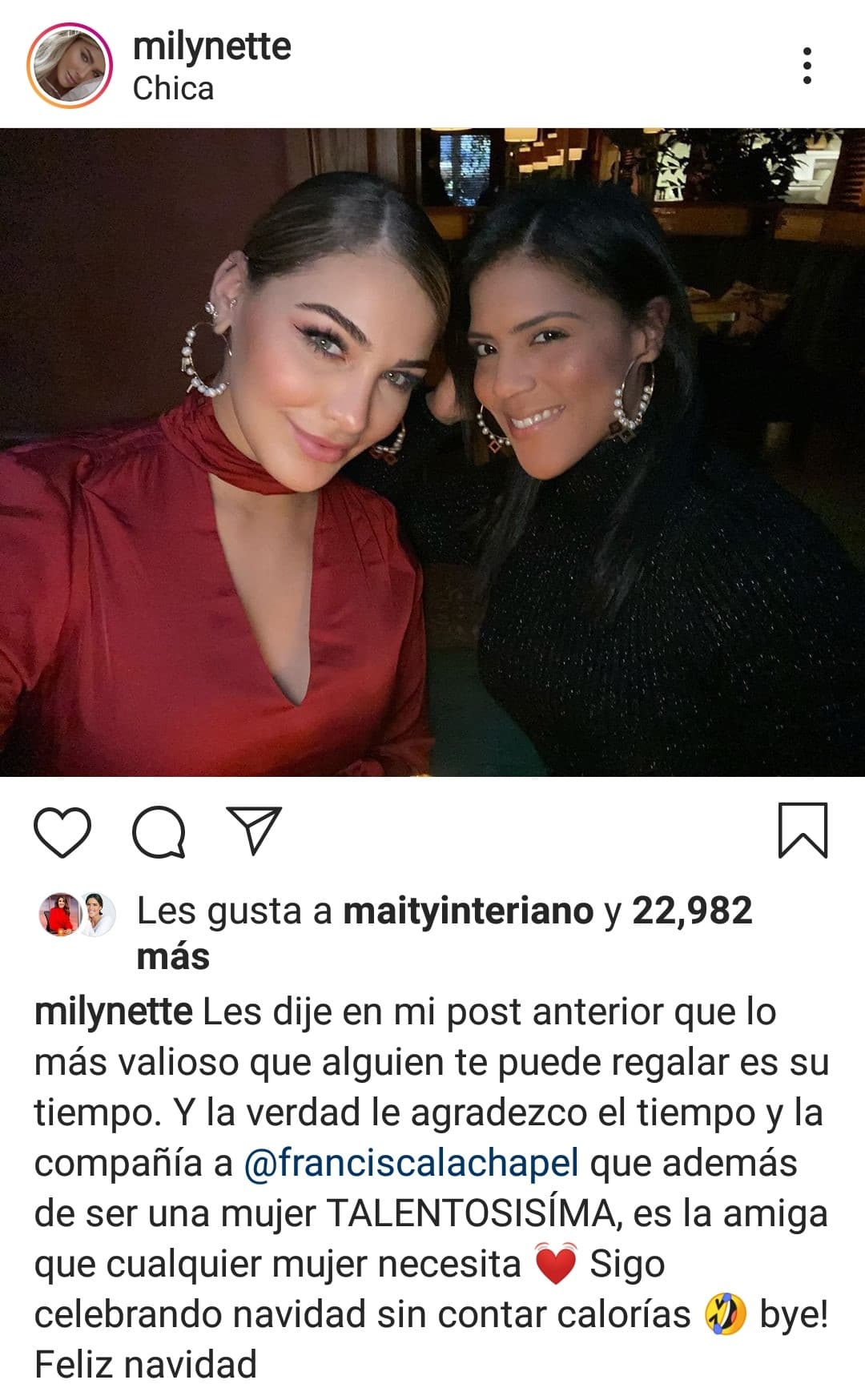 Después del profundo pensamiento sobre los presentes navideños, la exreina de Nuestra Belleza Latina 2018 agradeció feliz por el tiempo que le regaló Francisca en una cena en vísperas de la Navidad.