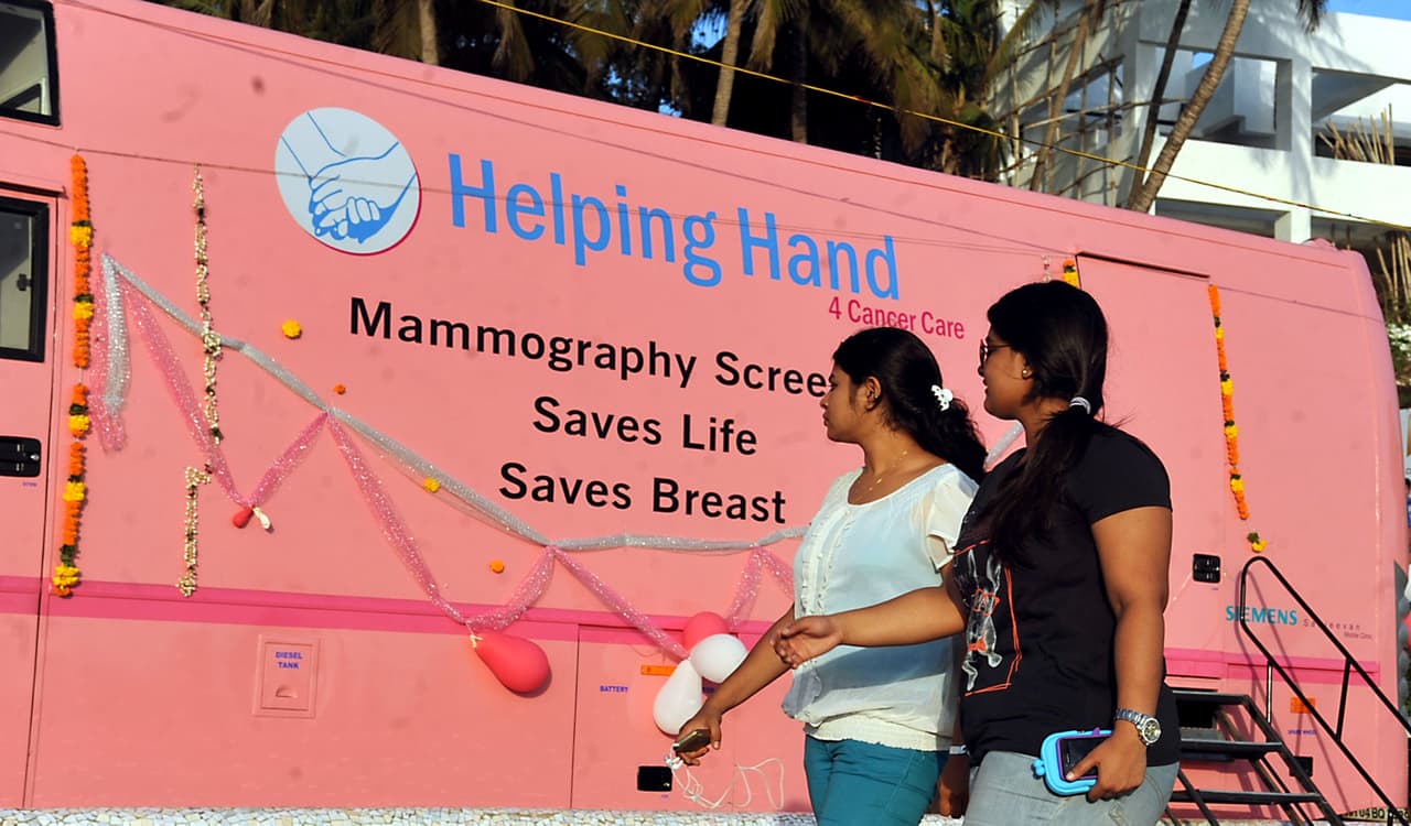 Womken walk as Indian Bollywood film actor Sanjay Dutt inaugurates the mobile Mammography Screening Bus on behalf of his late mother and Bollywood film actress, the Nargis Dutt Memorial Charitable Trust in Mumbai on May 5,2013. AFP PHOTO (Photo credit should read STR/AFP/Getty Images)