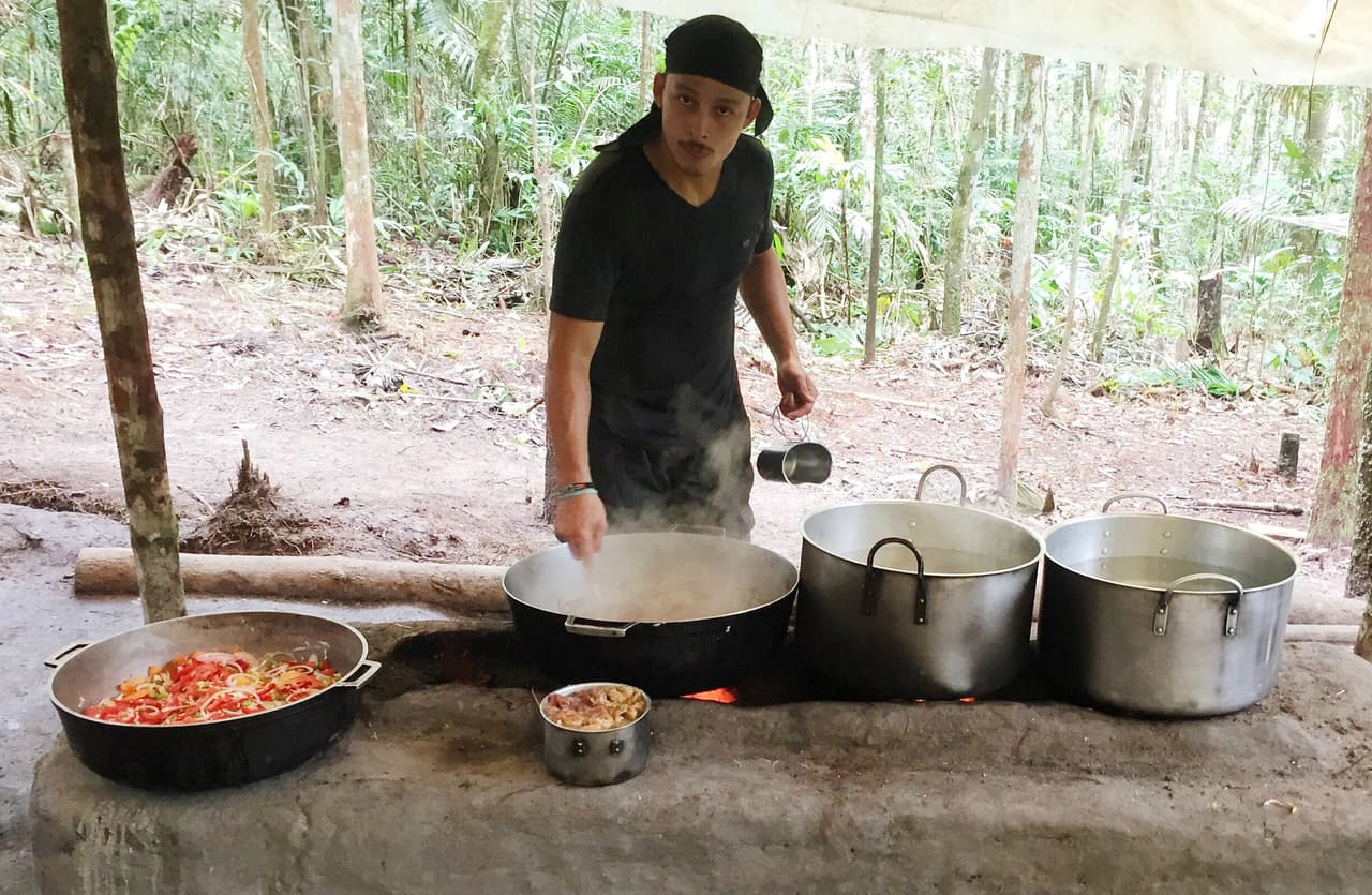 Food is prepared in an open air kitchen at this FARC camp in southern Colombia recently visited by Univision
