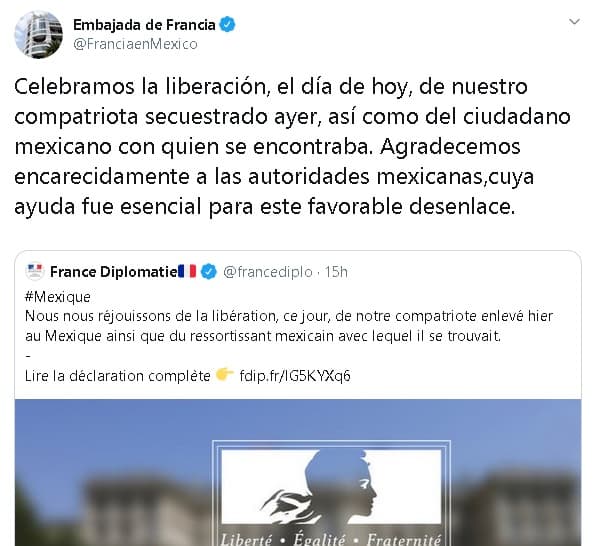 Reforma indicó que, en el caso de Michel, la embajada de ese país en México fue la que pagó el rescate. También se informó que el ciudadano es empresario. En 
<b><a href="https://twitter.com/FranciaenMexico/status/1199094943760965635" target="_blank">un tuit</a></b>, la sede diplomática agradeció a las autoridades mexicanas: "Celebramos la liberación, el día de hoy (lunes 25 de noviembre) de nuestro compatriota secuestrado ayer, así como del ciudadano mexicano con quien se encontraba. Agradecemos encarecidamente a las autoridades mexicanas, cuya ayuda fue esencial para este 
<b>favorable desenlace</b>".
