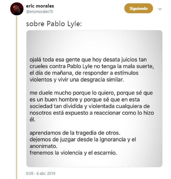 A través de su perfil en Twitter, Morales publicó este texto el pasado 6 de abril .