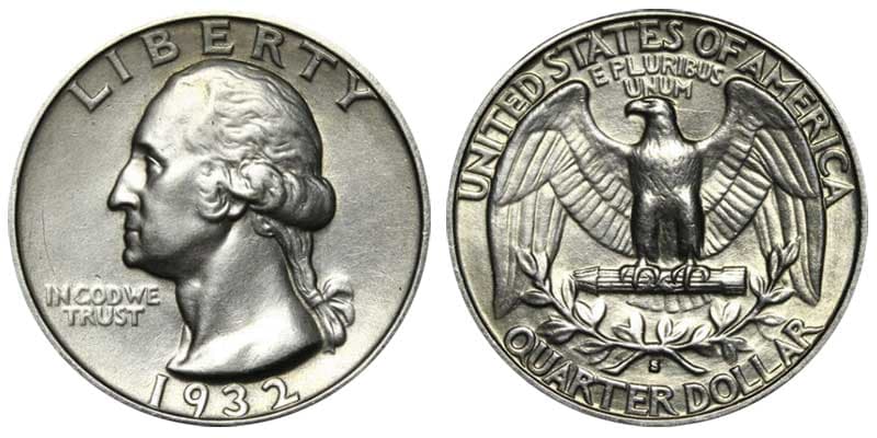 1932 First Washington Quarter
<br>Mint : San Francisco. Solo un 11% de estas monedas fueron creadas de San Francisco.
<br>Valor monetario: $0,25
<br>Precio estimado: en condiciones promedio puede valer entre $100 a $200. Y para aquellas en perfectas condiciones el precio es mucho mayor. En 2013 una moneda de este tipo fue vendida en subasta sobre los $30,000.
<br>