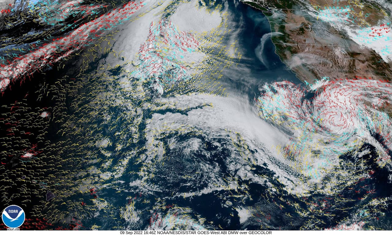 Las flechas de diversos colores indican la dirección del viento que será generado por la tormenta tropical Kay. "Estos pueden afectar áreas como la isla Catalina y el aeropuerto LAX", informó el NWS.