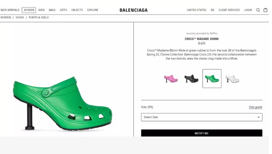 Crocs Balenciaga en el sitio web oficial de la marca