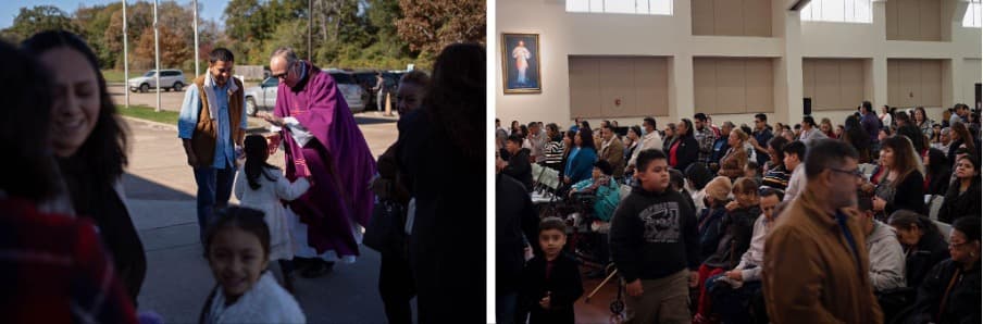 Christopher Shackelford, reverendo de la Iglesia Católica St. Andrew, bendice a un feligrés después de una misa en Channelview, en el Condado de Harris. Shackelford, que padece alergias graves, toma medicamentos a diario para prepararse para los sermones ante sus casi 3.000 fieles. Cree que la contaminación en el área ha dañado su salud y la de quienes asisten a su iglesia.