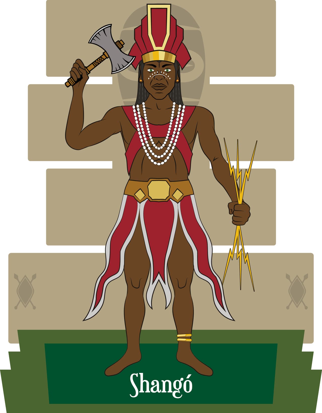 Rey de la religión Yoruba y uno de los Orishas más populares, Shangó gobierna sobre la justicia, los relámpagos, los truenos, el fuego, los tambores y la danza. Es un guerrero con ingenio y temperamento rápido y es el epítome de la virilidad.