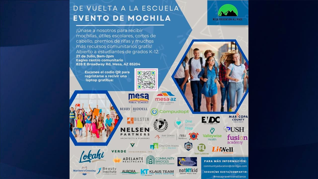 Mesa Prevention Alliance estará regalando mochilas, útiles escolares, cortes de pelo, y mucho más gratis en el evento de mochilas de regreso a clases el 
<b>sábado 27 de julio</b> de 9 a.m. a 2 p.m. en Eagles Centro Comunitario sobre 828 E Broadway Rd., en Mesa.