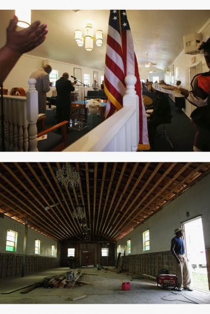 Los feligreses se reúnen durante los servicios dominicales en la Iglesia Bautista Comunitaria. Diez antes, Duette Sims se encuentra en una puerta de la dañada iglesia mientras realiza labores de reconstrucción.