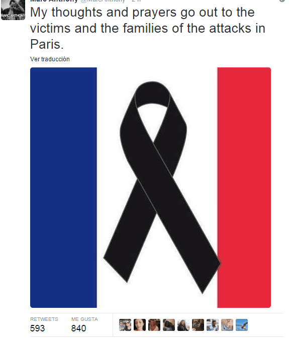 "Mis pensamientos y oraciones están con las víctimas y familiares de los ataques en París", indicó el músico.