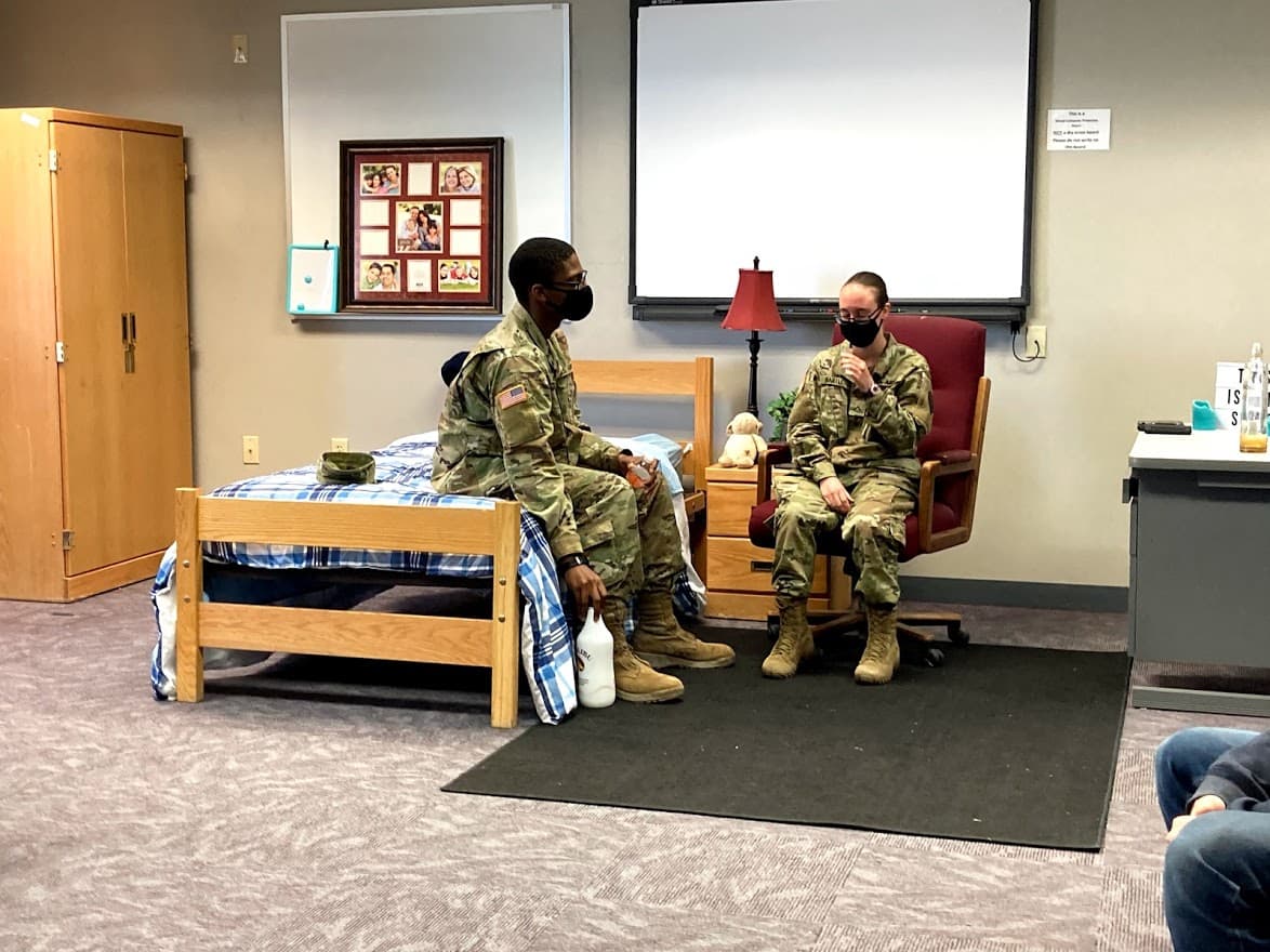 Soldiers at Fort Hood, Texas undergoing sexual abuse awareness training including this barracks bedroom vignette. The training is based around being "active bystanders" who understand when it is necessary to intervene. "We are the Army, we have zero tolerance," an instructor says. "If you see something like this don't let it go unnoticed."