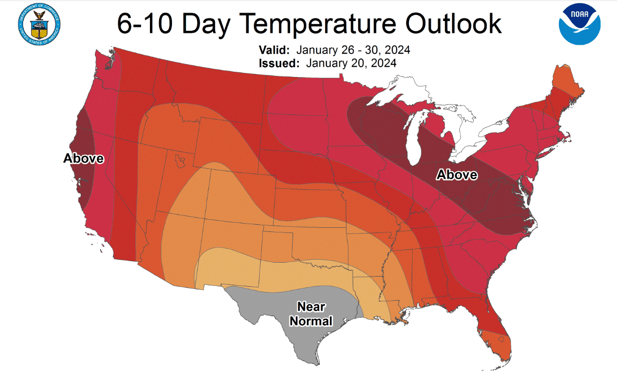 Mapa de la probabilidad de temperaturas por encima de lo habitual.