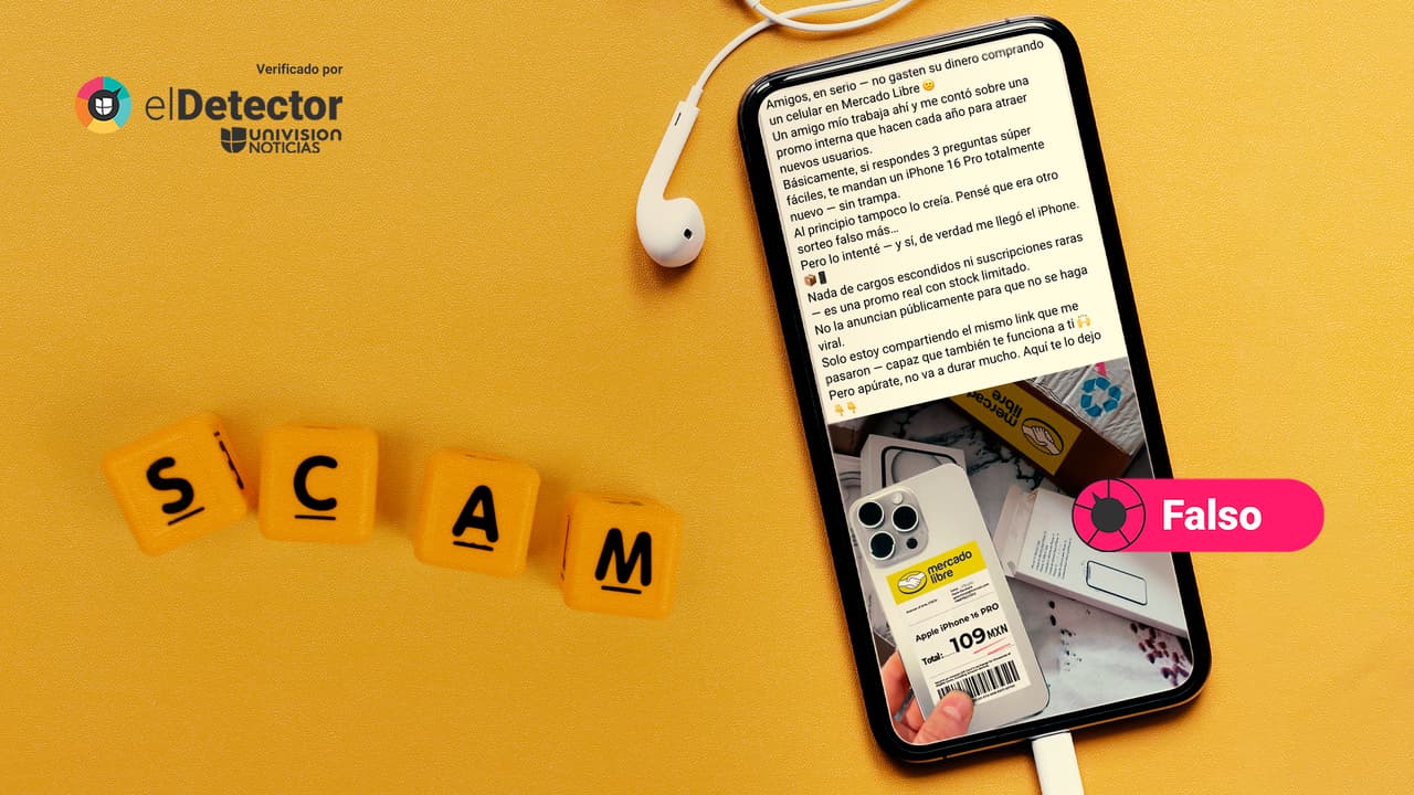 Es falso que Mercado Libre esté vendiendo un iPhone 16 por 109 pesos mexicanos a cambio de responder tres preguntas