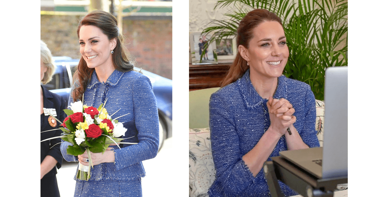 En febrero del 2017, la esposa del príncipe William lució un conjunto de tweed azul de dos piezas (saco y falda) que volvió a usar en febrero del 2021 durante una videollamada con profesores de Inglaterra.
<br>