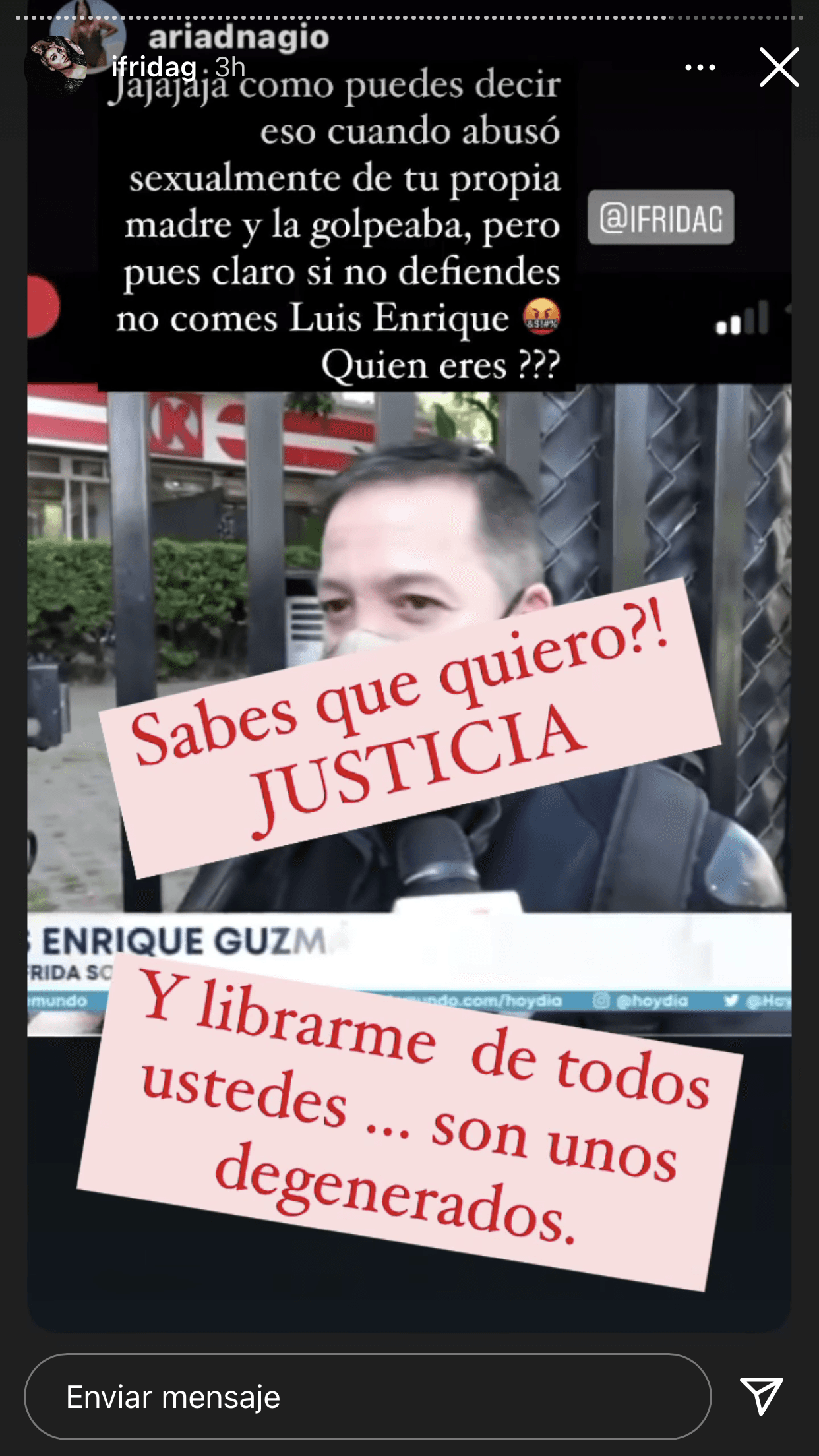 En un mensaje que la cantante publicó en sus historias de Instagram el fin de semana, escribió que lo que busca es "justicia" y "librarse" de su familia materna, a quienes consideró
<b><a href="https://www.univision.com/famosos/bola-de-hipocritas-asi-se-refiere-frida-sofia-a-su-familia-materna-tras-las-disculpas-de-su-tio-luis-enrique-guzman-fotos">"unos degenerados"</a></b>.
<br>