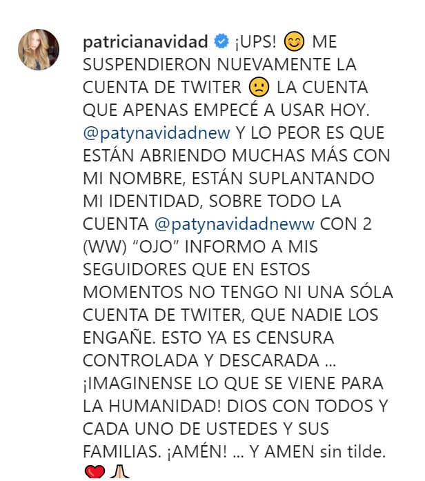 "Ups,
<b><a href="https://www.instagram.com/p/CJ40VV4lUoe/" target="_blank">me suspendieron nuevamente la cuenta de Twitter,</a></b> la cuenta que apenas empecé a usar hoy (domingo 10 de enero)", informó la actriz en Instagram.
<br>