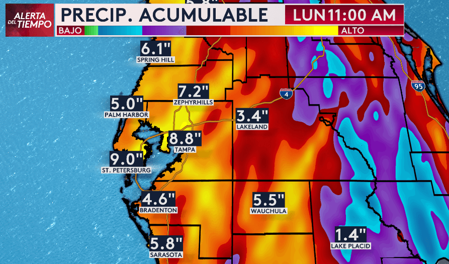La precipitación acumulable para St. Petersburg y Tampa será considerable, con un total de 9 y 8.8 pulgadas, respectivamente, para el lunes. Las inundaciones será el riesgo principal para estos sectores, sobre en todo en áreas de pobre drenaje.