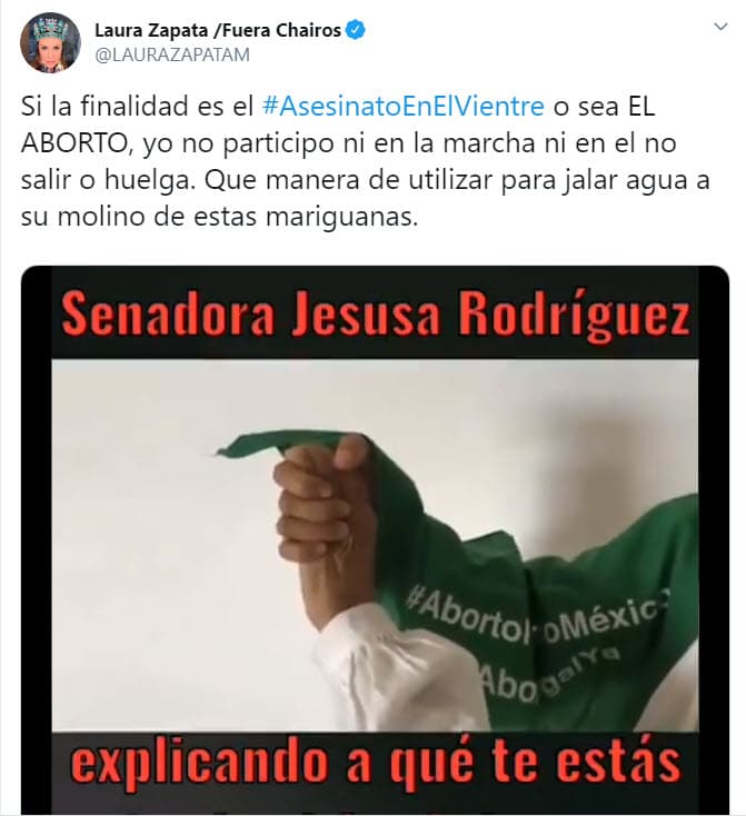 "Si la finalidad (del paro) es el asesinato en el vientre, o sea, el aborto, 
<b>yo no participo</b> ni en la marcha ni en el no salir o huelga. Qué manera de utilizar para jalar agua a su molino de estas mariguanas", argumentó.
<br>