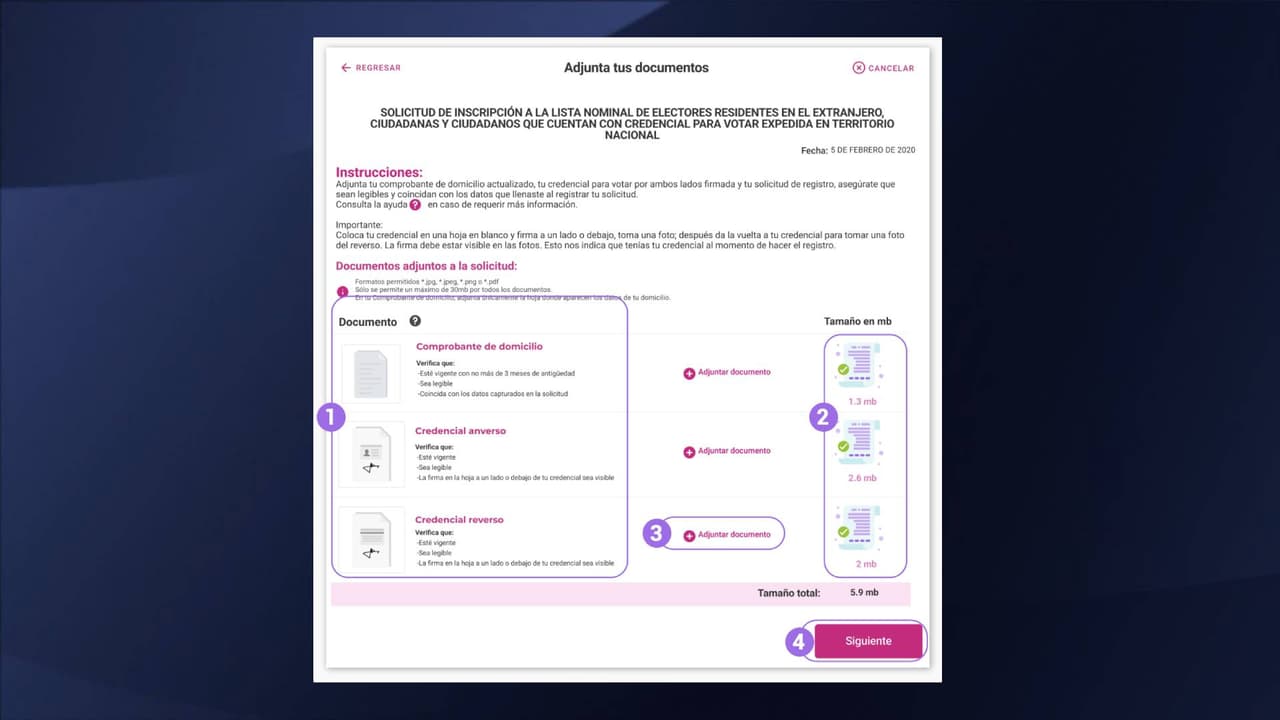 Finalmente, 
<b>adjunta los documentos solicitados</b> que serán las fotografías de tu credencial para votar, así como el comprobante de domicilio en caso de ser requerido. Verifica que tus archivos se subieron de manera correcta y son los solicitados y listo, habrás enviado tu solicitud de registro.