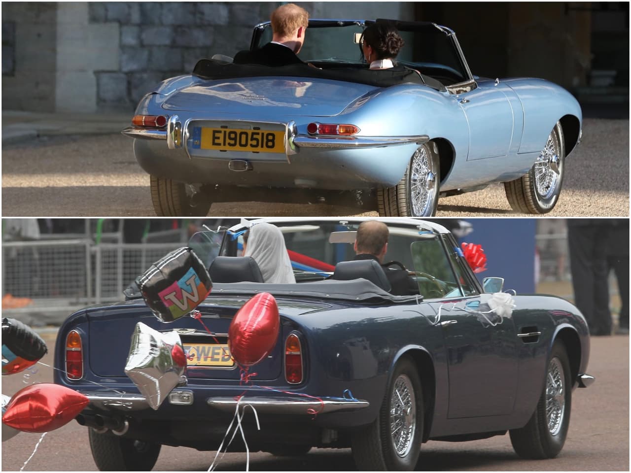 Las placas del Jaguar de Harry mostraban la fecha de la boda en formato europeo (día segudo por mes y año) 
<b>19-05-18</b> mientras que la placa trasera del Aston Martin de William decía
<b> JU5T WED</b>, o recien casado.