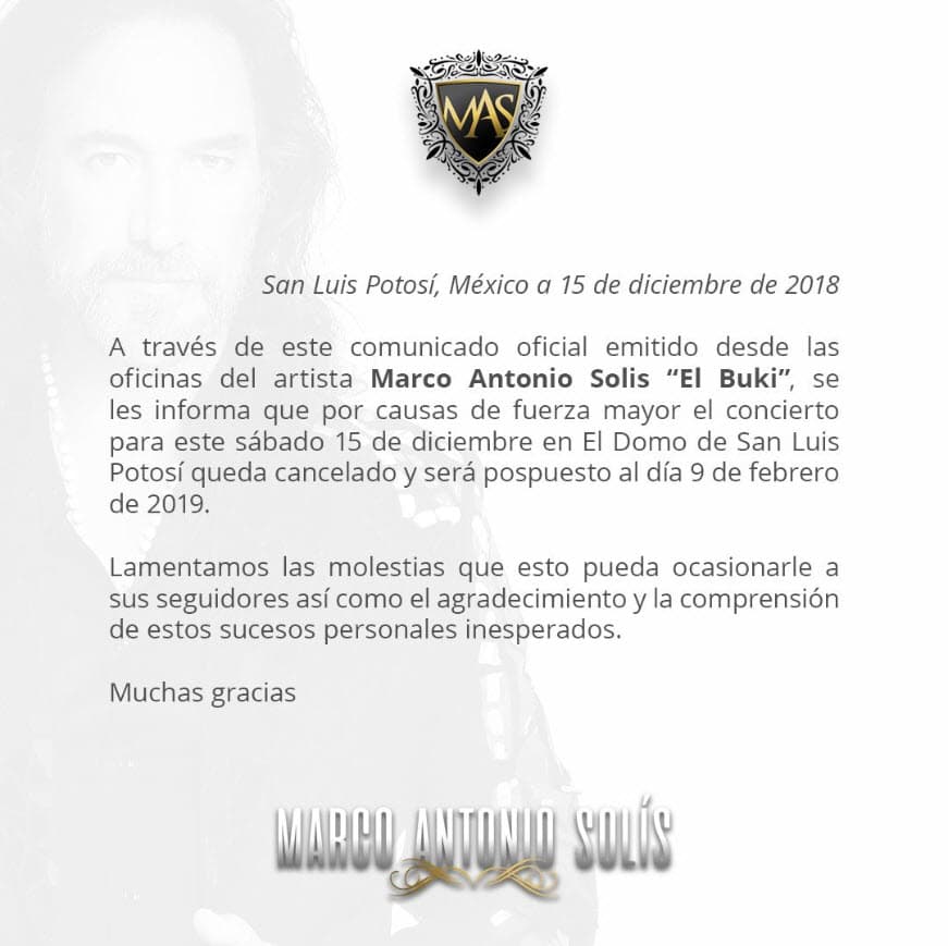 En su cuenta de Twitter publicó un comunicado para informar que
<b>por causas de fuerza mayor el evento se pospondría hasta el mes de febrero</b> de 2019.
<br>