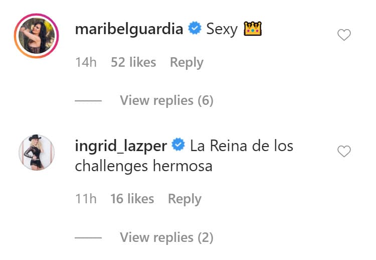 <b>Maribel Guardia</b> también aplaudió a su colega con un "sexy" mientras que la presentadora especializada en el género regional mexicano,
<b> Ingrid Lazper</b>, le escribió: "La reina de los 'challenges', hermosa".
<br>