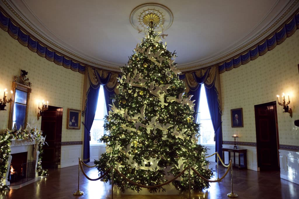 Este es el árbol oficial de Navidad de la Casa Blanca que se encuentra en el Cuarto Azul.