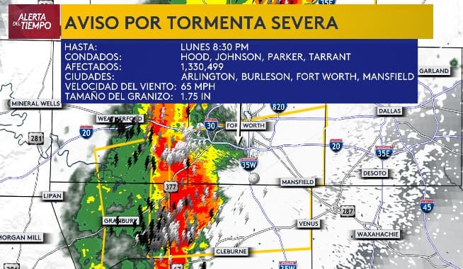 <b>Aviso por tormentas severas: </b>Hasta las 8:30 pm, afecta parte de los condados de 
<b>Hood, Johnson, Parker y Tarrant</b>. Hay riesgo de 
<b>fuertes ráfagas de viento, hasta 65 MPH, y granizo grande</b>.