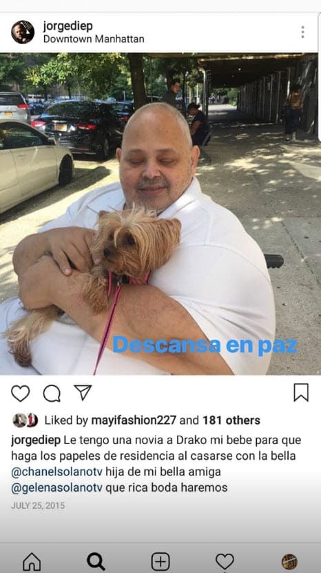 Jorge Diep también era amante de la raza Yorkshire, por lo que en esa visita que le hizo también publicó: "Le tengo una novia a Drako mi bebé para que haga los papeles de residencia al casarse con la bella @chanelsolanotv, hija de mi bella amiga @gelenasolanotv. ¡Qué rica boda haremos", bromeó.