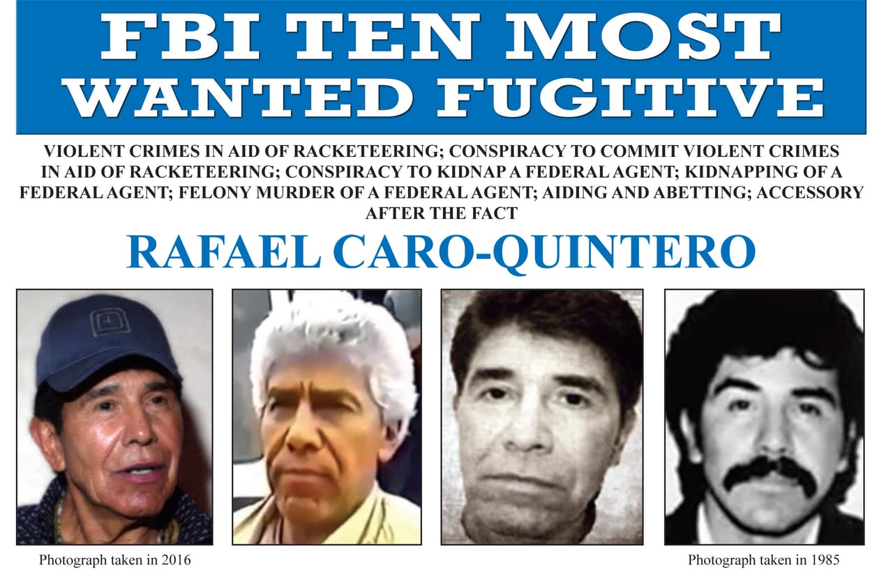 <b>Rafael Caro Quintero: 20,000,000 de dólares de recompensa.</b> El narcotraficante de origen mexicano es señalado de secuestrar y asesinar a un agente especial de la DEA en México en 1985. El FBI anunció en abril de 2018 que el criminal sería agregado a la lista de fugitivos más buscados y que el Departamento de Estado estaría ofreciendo la millonaria recompensa, la más alta ofrecida por EEUU para atrapar a un narcotraficante.