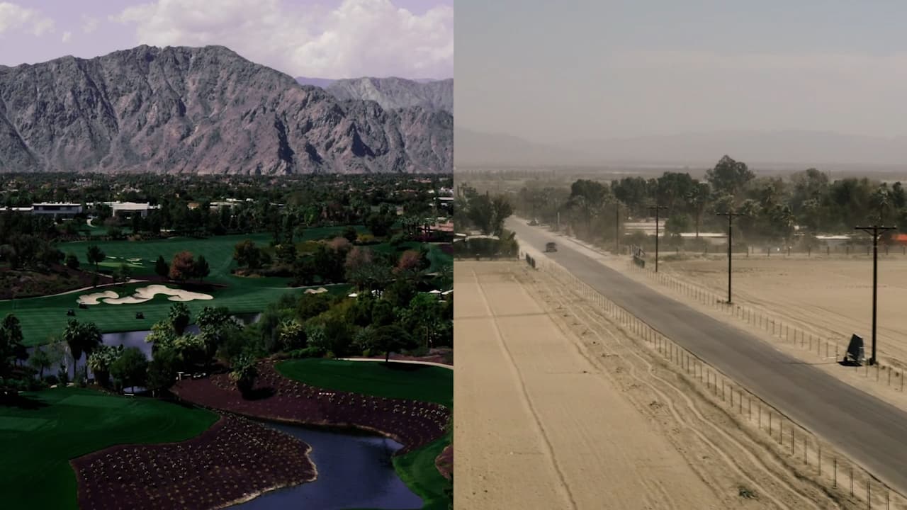 A la izquierda, el oeste del Valle de Coachella, construido para resistir al calor. A la derecha, el este del Valle de Coachella, un espacio con población mayoritariamente latina que no fue construido para aguantar el calor.