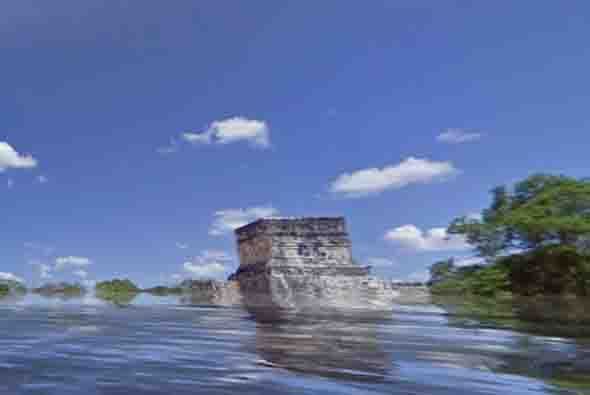 La organización worldunderwater.org publicó varias fotografías de cómo se verían algunas ciudades bajo el agua, en consecuencia a los cambios climáticos. Foto tomada del sitio worldunderwater.org. Se ve a Yucatán, México.