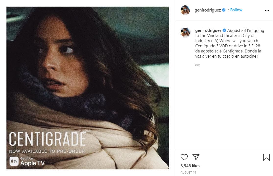El 28 de agosto de 2020 se estrenó su película 'Centigrade'. En su perfil de Instagram compartió la emoción de trabajar al lado de grandes actores: "Es un sueño hecho realidad tener como padres a Isabella Rossellini y Rubén Blades".
<br>
