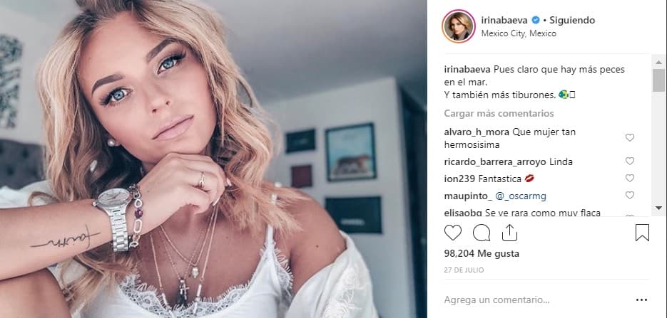 Pareciera que con cada frase Irina contestaba a las críticas hacia el romance con Gabriel Soto. Relación sobre la que se comenzó a especular desde que protagonizaron la novela 'Vino el amor' en 2016: "Pues claro que hay más peces en el mar. Y también más tiburones". Así escribió el 27 de julio cuando regresaba del Mundial de Rusia, donde más tarde se sabría la acompañó el actor.