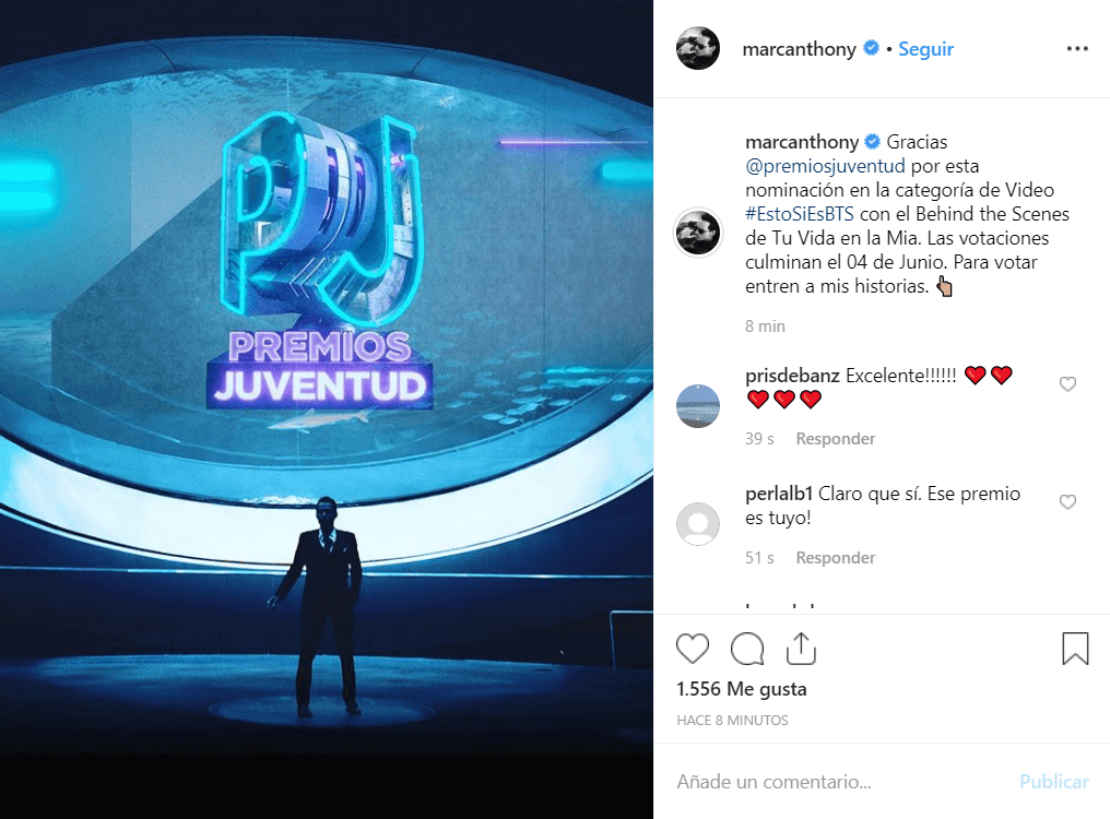 Marc también publicó una foto en la que agradeció la nominación en la categoría. "Las votaciones culminan el 04 de Junio. Para votar entren a mis historias", escribió.