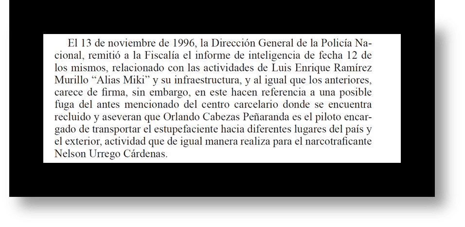 Fragmento de un informe de inteligencia de Colombia que señala a Orlando Cabeza.