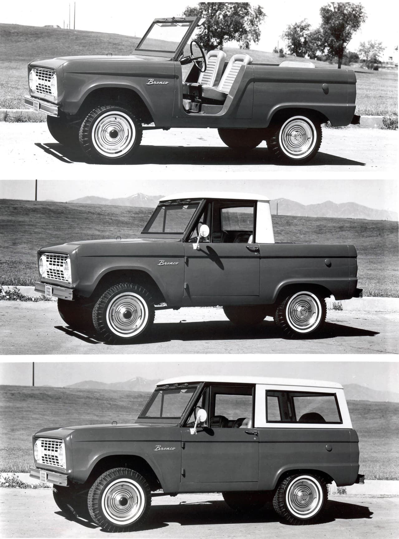 En 1966 la Ford Bronco era ofrecida como 
<i>roadster</i> (arriba), pickup media-cabina (medio) y camioneta (abajo). La Bronco 
<i>roadster</i> fue cancelada en 1968. Un ejemplar bien conservado puede alcanzar fácilmente los 100,000 dólares hoy en día.