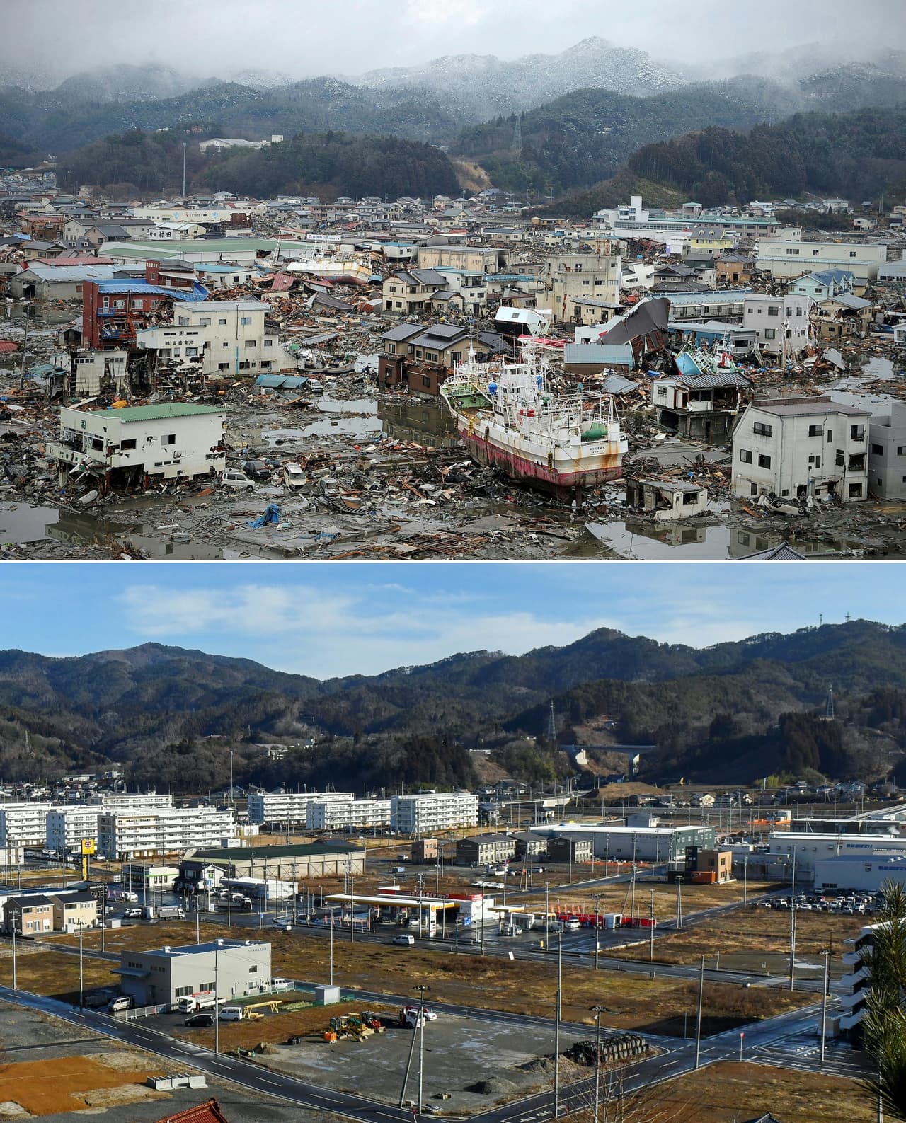Kesennuma, prefectura Miyagi. 16 de marzo de 2011 y 27 de enero de 2021.