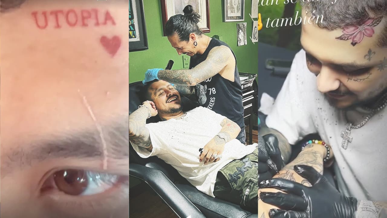 En el lugar en que tenía 'utopía', Christian Nodal se colocó el tatauje de una flor en la frente.