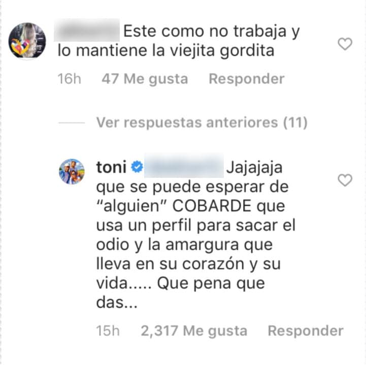 Lo que no esperaba era el comentario de una usuaria, que escribió en la cuenta de la pareja de Adamari López: "
<b>Este como no trabaja y lo mantiene la vieja gordita</b>". El bailarín no quiso quedarse callado y contestó.