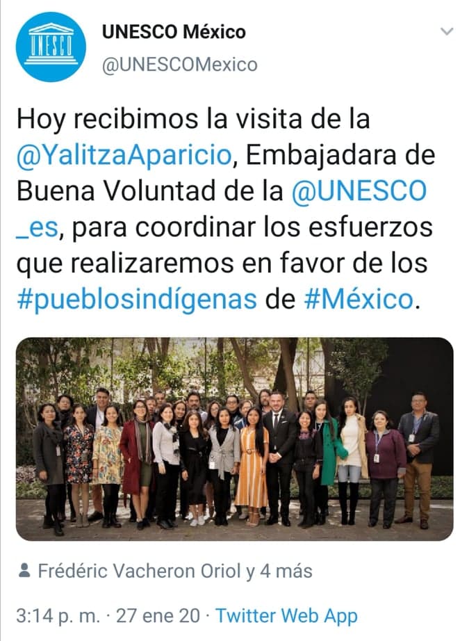 De acuerdo con la cuenta de 
<b><a href="https://twitter.com/UNESCOMexico/status/1221904358293504001" target="_blank">Twitter</a></b> de la UNESCO México, el objetivo de la reunión con Yalitza Aparicio fue abordar los proyectos en los que su colaboración podría impulsar a difundirlos.