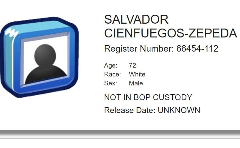 El sitio del Buró Federal de Prisiones (BOP) indicaba que esa agencia no tenía la custodia del general Salvador Cienfuegos Zepeda.