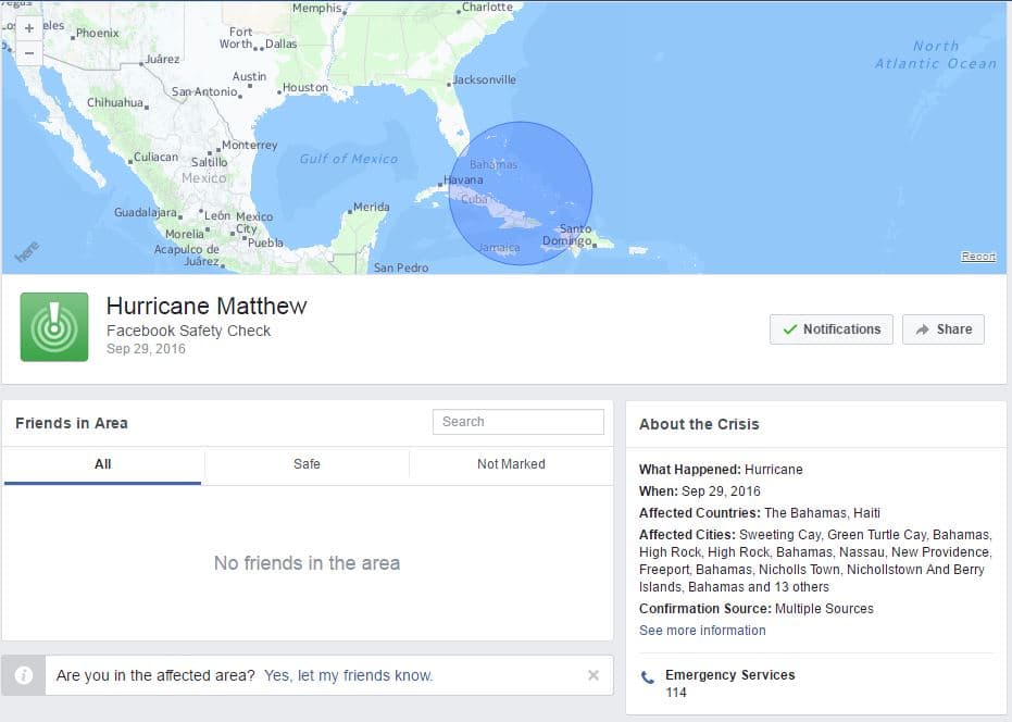 Facebook activó la herramienta ante el paso del huracán Matthew por Florida.