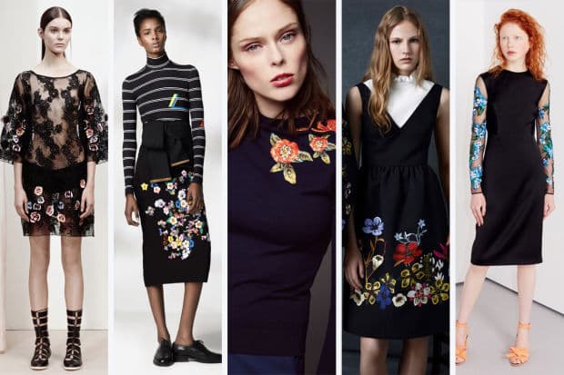 6. Embroidered Flowers. Es difícil vestir un pre comienzo de la primavera sin flores, pero no es la misma idea de siempre: esta tendencia se trata de llevarlas como bordados en faldas, vestidos e incluso transparencias. Algunas marcas y diseñadores que la propusieron fueron: Suno, Preen, Zac Posen y Erdem.