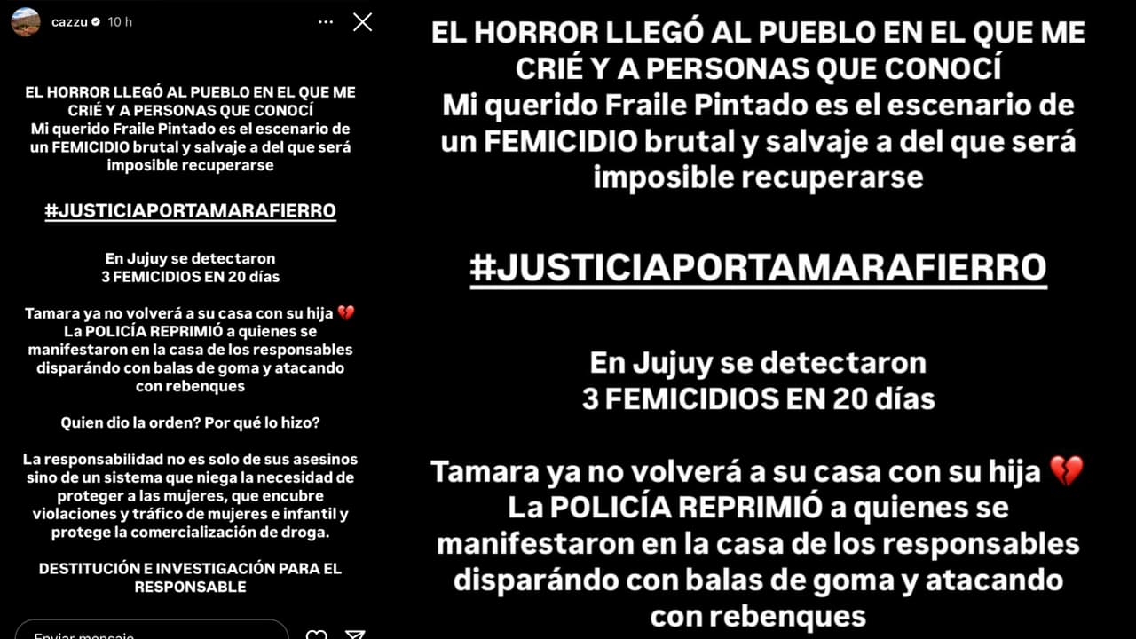 Cazzu pidió justicia por Tamara Fierro, una joven asesinada en Fraile Pintado, la ciudad natal de la cantante, quien solo horas antes de esta publicación había abandonado México junto a su hija Inti.