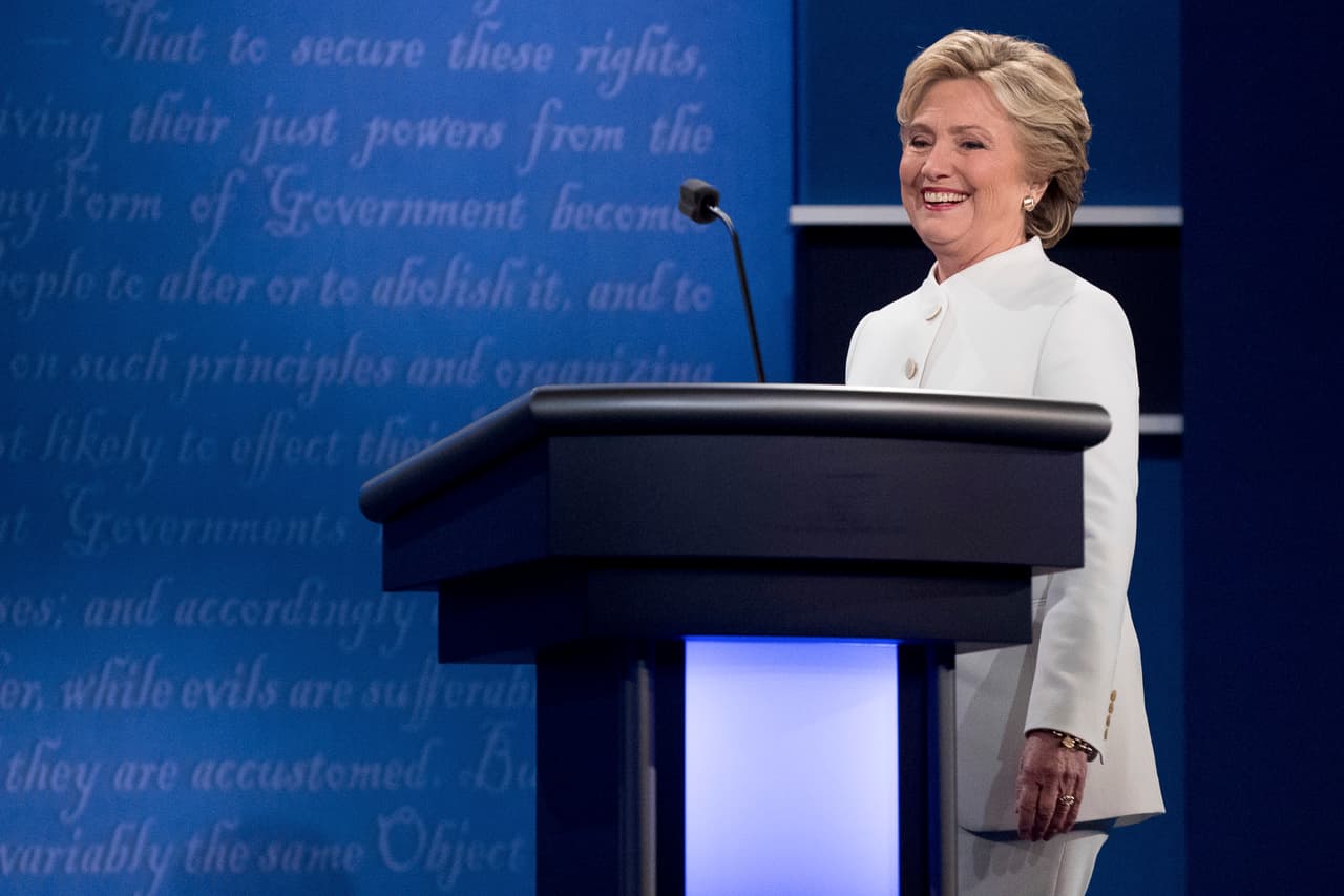 Democratic presidential candidate Hillary Clinton takes the stage for the third presidential debate at University of Nevada in Las Vegas, N.Y., Wednesday, Oct. 19, 2016. (AP Photo/Andrew Harnik)